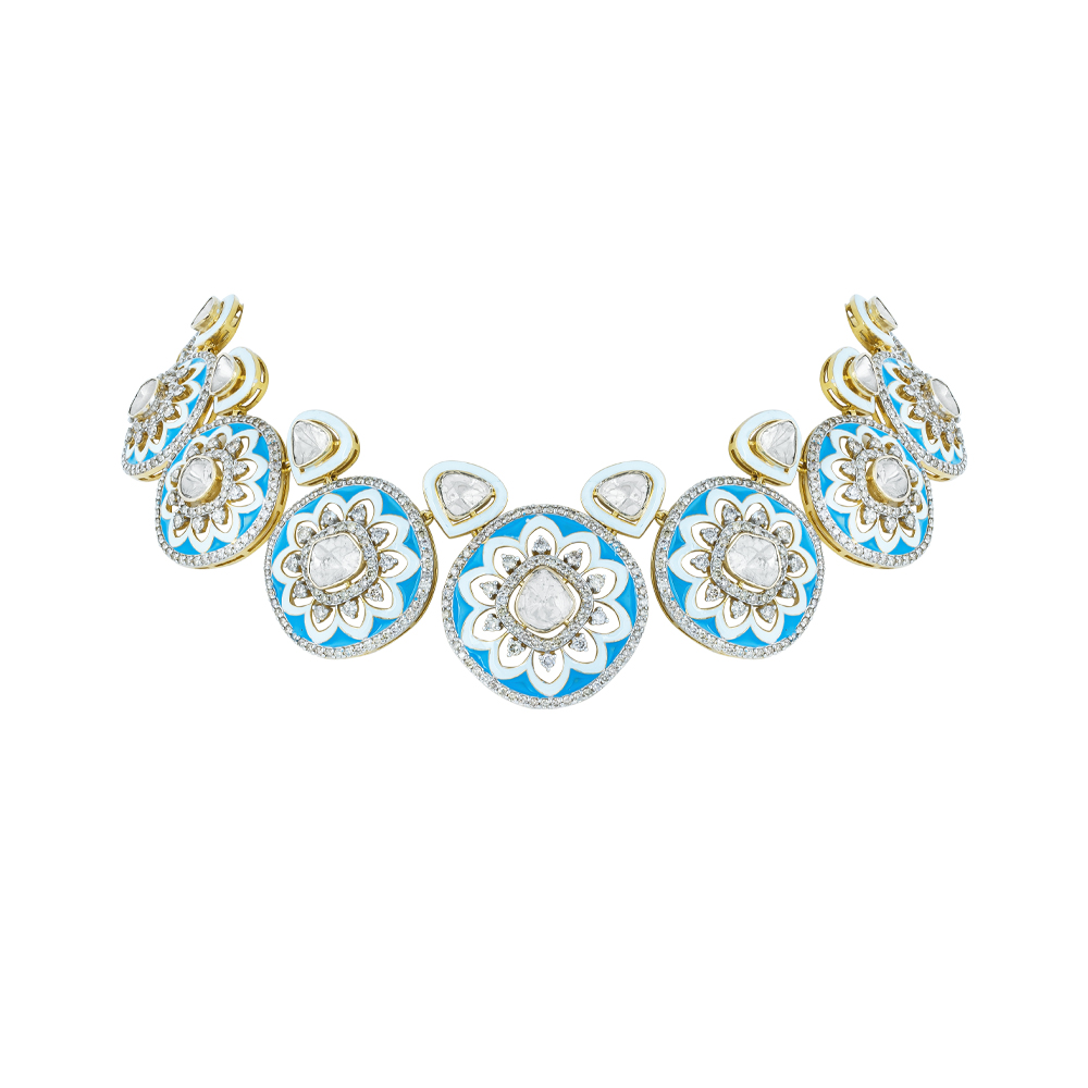 Blue Enamel Polki Necklace with Flower Motifs & Diamond Halos